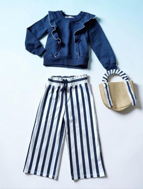 Max Studio 3-Piece Navy/White Ruffle Top & Striped Wide-Leg Pants Set With Purse